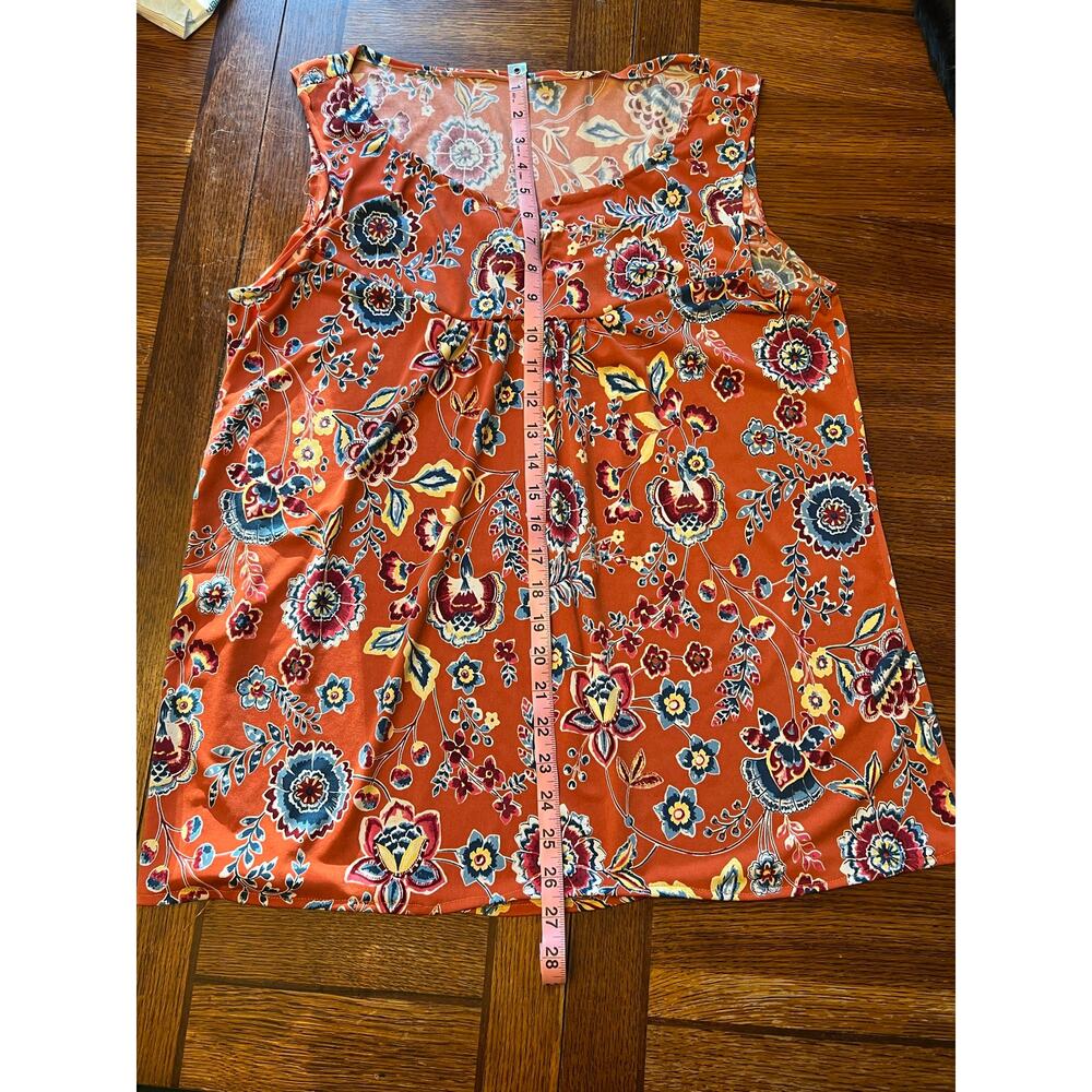 Floral Sleeveless Tank Top Boho Orange Rust Flowy Blouse Womens M - Picture 6 of 9